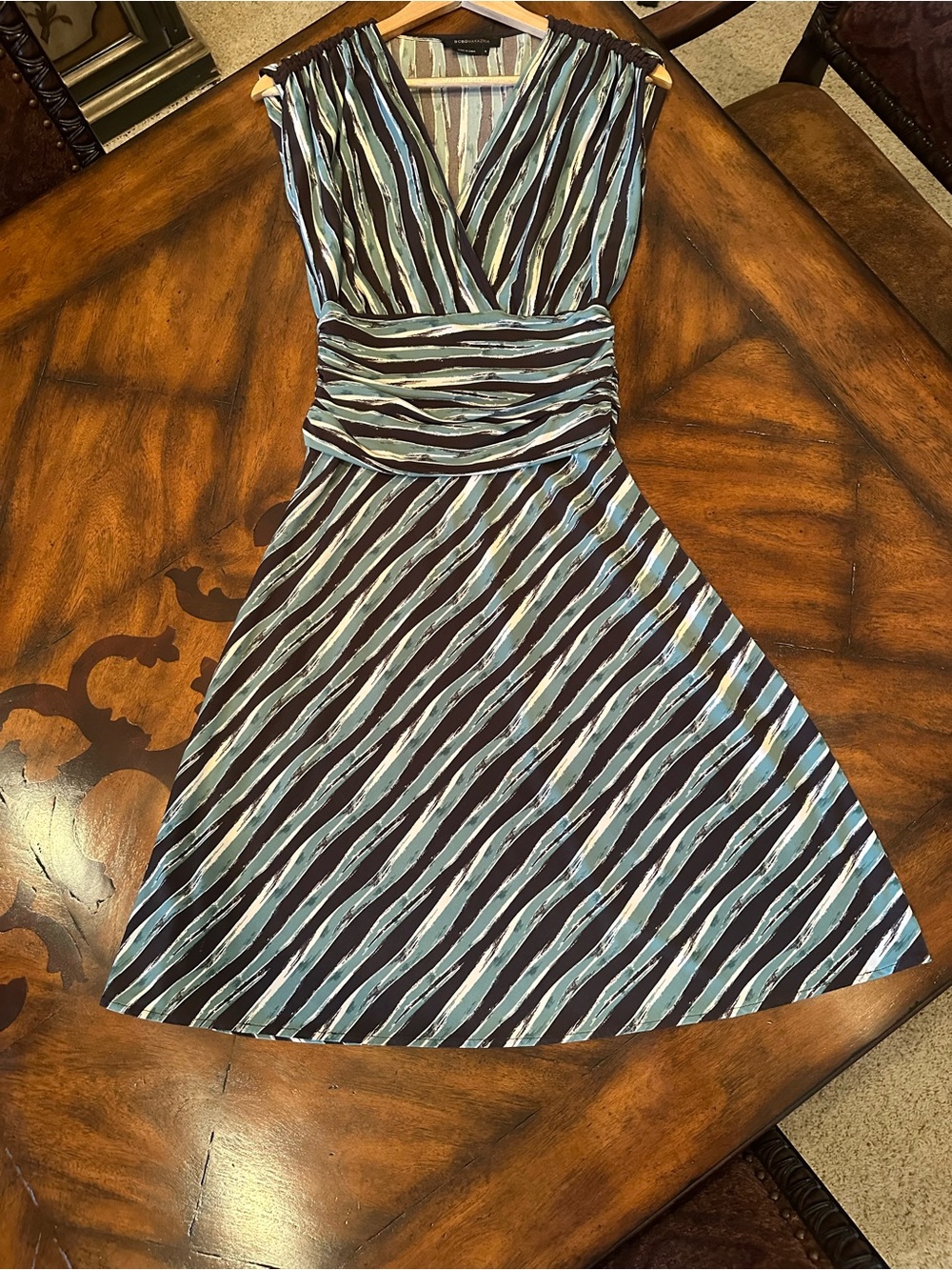 BCBGMaxAzria Sleeveless Teal and Brown Striped V-Neck Ruched Dress, Size S
